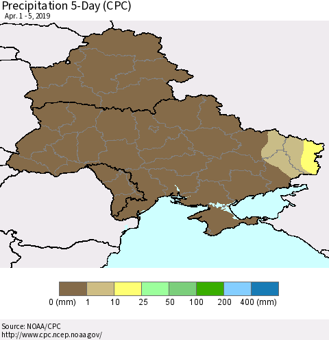 Ukraine, Moldova and Belarus Precipitation 5-Day (CPC) Thematic Map For 4/1/2019 - 4/5/2019