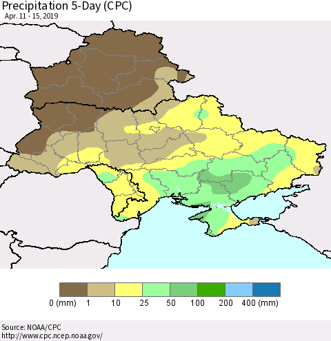 Ukraine, Moldova and Belarus Precipitation 5-Day (CPC) Thematic Map For 4/11/2019 - 4/15/2019
