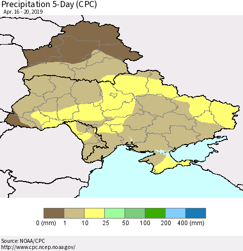 Ukraine, Moldova and Belarus Precipitation 5-Day (CPC) Thematic Map For 4/16/2019 - 4/20/2019