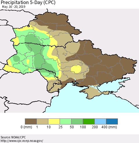 Ukraine, Moldova and Belarus Precipitation 5-Day (CPC) Thematic Map For 5/16/2019 - 5/20/2019