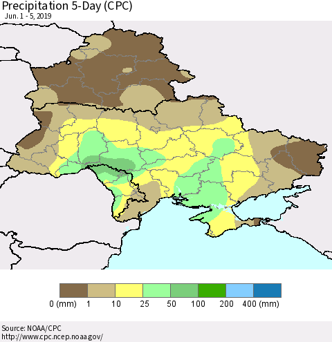 Ukraine, Moldova and Belarus Precipitation 5-Day (CPC) Thematic Map For 6/1/2019 - 6/5/2019