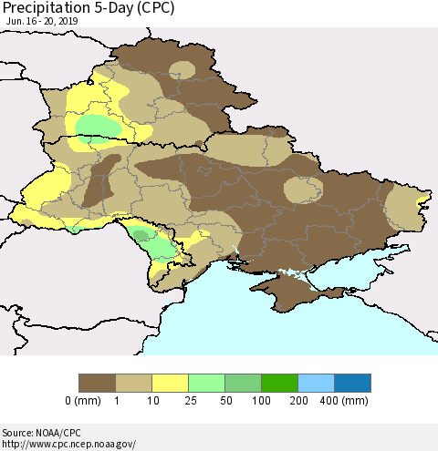 Ukraine, Moldova and Belarus Precipitation 5-Day (CPC) Thematic Map For 6/16/2019 - 6/20/2019