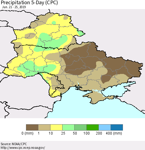 Ukraine, Moldova and Belarus Precipitation 5-Day (CPC) Thematic Map For 6/21/2019 - 6/25/2019