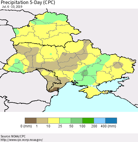 Ukraine, Moldova and Belarus Precipitation 5-Day (CPC) Thematic Map For 7/6/2019 - 7/10/2019