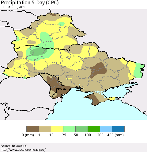 Ukraine, Moldova and Belarus Precipitation 5-Day (CPC) Thematic Map For 7/26/2019 - 7/31/2019