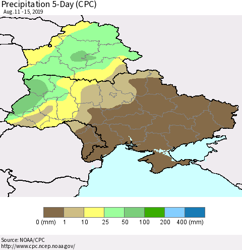 Ukraine, Moldova and Belarus Precipitation 5-Day (CPC) Thematic Map For 8/11/2019 - 8/15/2019