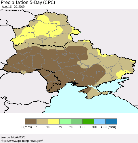 Ukraine, Moldova and Belarus Precipitation 5-Day (CPC) Thematic Map For 8/16/2019 - 8/20/2019