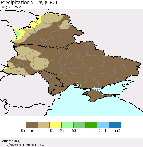 Ukraine, Moldova and Belarus Precipitation 5-Day (CPC) Thematic Map For 8/21/2019 - 8/25/2019