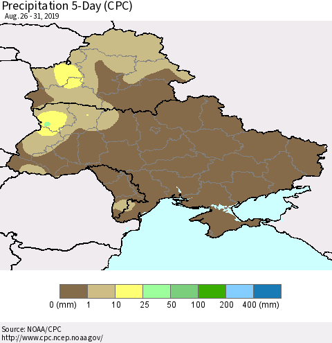 Ukraine, Moldova and Belarus Precipitation 5-Day (CPC) Thematic Map For 8/26/2019 - 8/31/2019