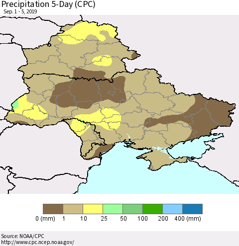 Ukraine, Moldova and Belarus Precipitation 5-Day (CPC) Thematic Map For 9/1/2019 - 9/5/2019