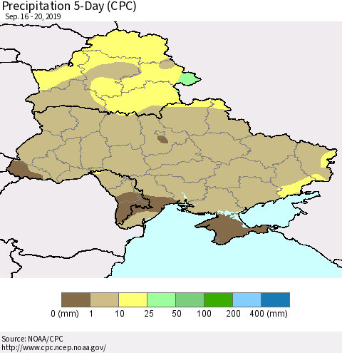 Ukraine, Moldova and Belarus Precipitation 5-Day (CPC) Thematic Map For 9/16/2019 - 9/20/2019