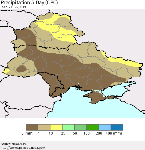 Ukraine, Moldova and Belarus Precipitation 5-Day (CPC) Thematic Map For 9/21/2019 - 9/25/2019