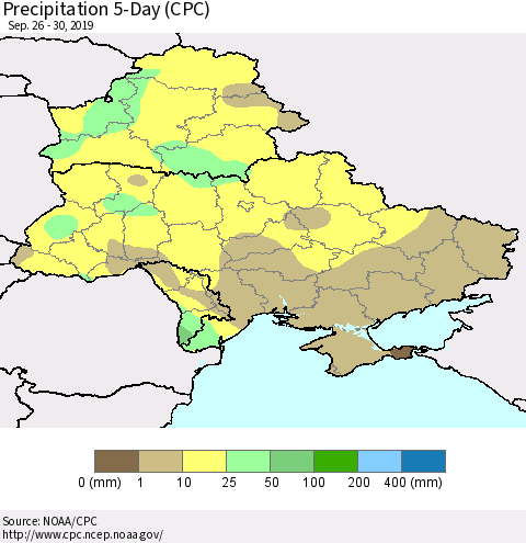 Ukraine, Moldova and Belarus Precipitation 5-Day (CPC) Thematic Map For 9/26/2019 - 9/30/2019