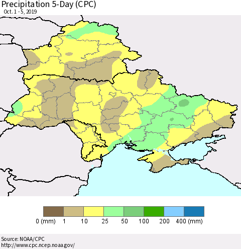 Ukraine, Moldova and Belarus Precipitation 5-Day (CPC) Thematic Map For 10/1/2019 - 10/5/2019