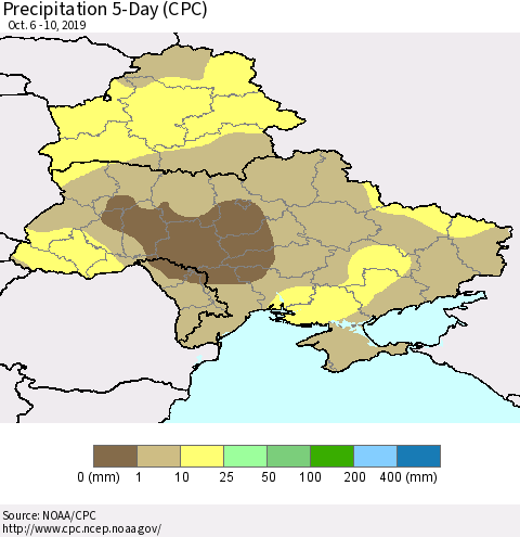 Ukraine, Moldova and Belarus Precipitation 5-Day (CPC) Thematic Map For 10/6/2019 - 10/10/2019