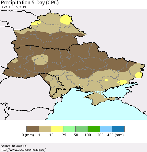 Ukraine, Moldova and Belarus Precipitation 5-Day (CPC) Thematic Map For 10/11/2019 - 10/15/2019