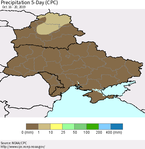 Ukraine, Moldova and Belarus Precipitation 5-Day (CPC) Thematic Map For 10/16/2019 - 10/20/2019