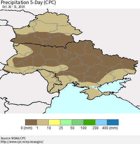 Ukraine, Moldova and Belarus Precipitation 5-Day (CPC) Thematic Map For 10/26/2019 - 10/31/2019