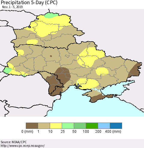 Ukraine, Moldova and Belarus Precipitation 5-Day (CPC) Thematic Map For 11/1/2019 - 11/5/2019