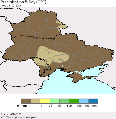 Ukraine, Moldova and Belarus Precipitation 5-Day (CPC) Thematic Map For 11/16/2019 - 11/20/2019