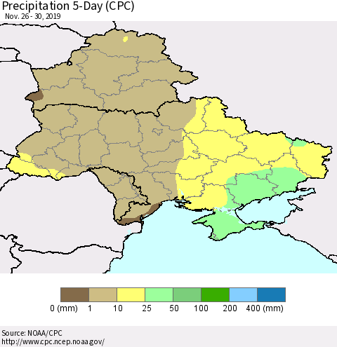 Ukraine, Moldova and Belarus Precipitation 5-Day (CPC) Thematic Map For 11/26/2019 - 11/30/2019