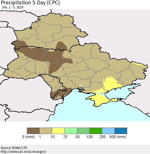 Ukraine, Moldova and Belarus Precipitation 5-Day (CPC) Thematic Map For 12/1/2019 - 12/5/2019