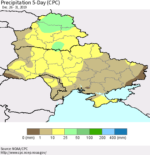Ukraine, Moldova and Belarus Precipitation 5-Day (CPC) Thematic Map For 12/26/2019 - 12/31/2019