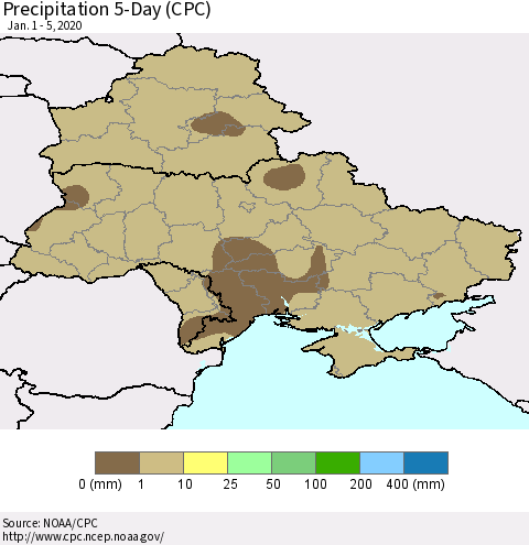 Ukraine, Moldova and Belarus Precipitation 5-Day (CPC) Thematic Map For 1/1/2020 - 1/5/2020