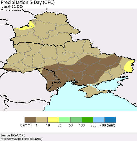 Ukraine, Moldova and Belarus Precipitation 5-Day (CPC) Thematic Map For 1/6/2020 - 1/10/2020