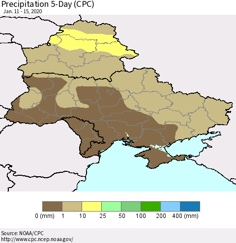 Ukraine, Moldova and Belarus Precipitation 5-Day (CPC) Thematic Map For 1/11/2020 - 1/15/2020