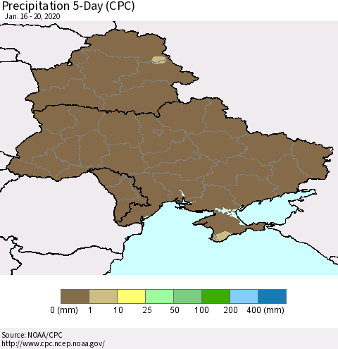 Ukraine, Moldova and Belarus Precipitation 5-Day (CPC) Thematic Map For 1/16/2020 - 1/20/2020