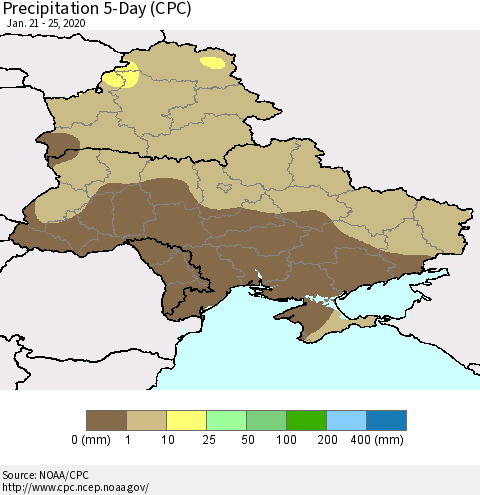 Ukraine, Moldova and Belarus Precipitation 5-Day (CPC) Thematic Map For 1/21/2020 - 1/25/2020
