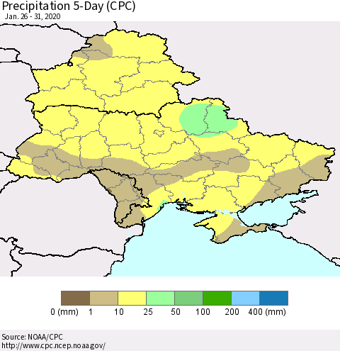Ukraine, Moldova and Belarus Precipitation 5-Day (CPC) Thematic Map For 1/26/2020 - 1/31/2020