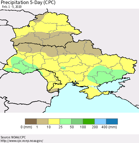 Ukraine, Moldova and Belarus Precipitation 5-Day (CPC) Thematic Map For 2/1/2020 - 2/5/2020
