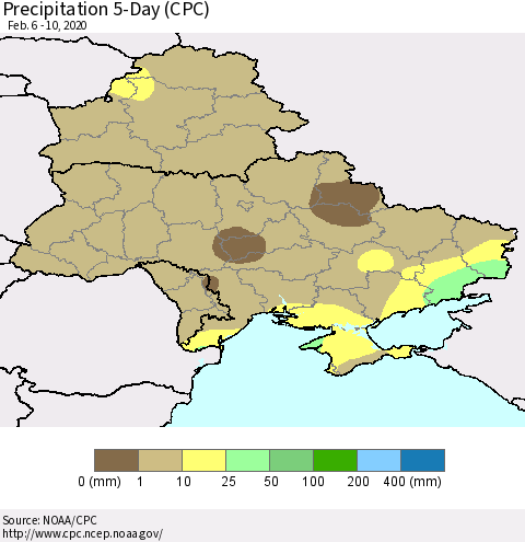 Ukraine, Moldova and Belarus Precipitation 5-Day (CPC) Thematic Map For 2/6/2020 - 2/10/2020