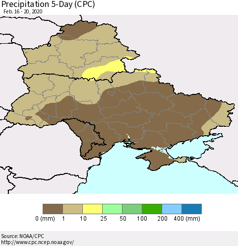 Ukraine, Moldova and Belarus Precipitation 5-Day (CPC) Thematic Map For 2/16/2020 - 2/20/2020