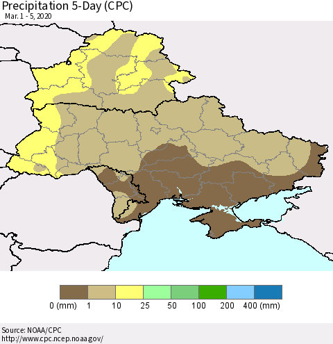 Ukraine, Moldova and Belarus Precipitation 5-Day (CPC) Thematic Map For 3/1/2020 - 3/5/2020