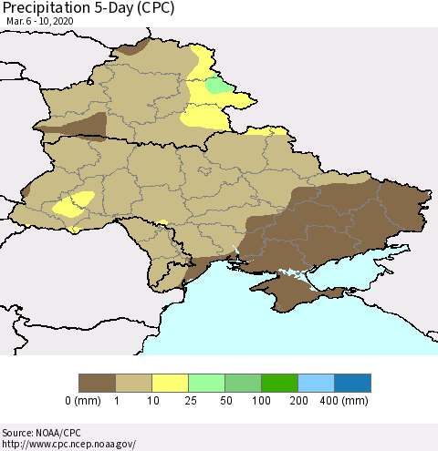 Ukraine, Moldova and Belarus Precipitation 5-Day (CPC) Thematic Map For 3/6/2020 - 3/10/2020