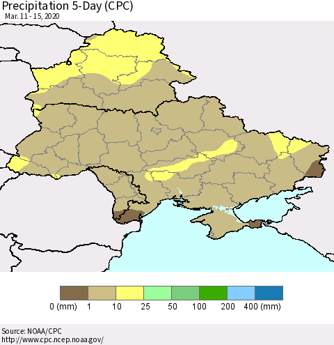 Ukraine, Moldova and Belarus Precipitation 5-Day (CPC) Thematic Map For 3/11/2020 - 3/15/2020