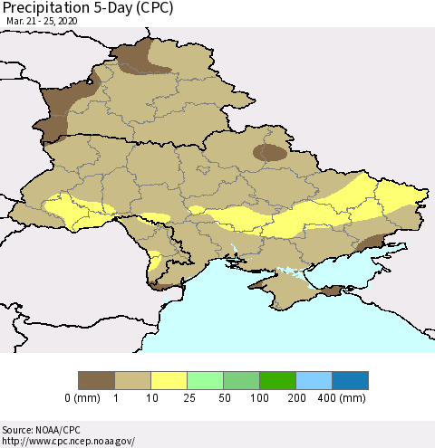 Ukraine, Moldova and Belarus Precipitation 5-Day (CPC) Thematic Map For 3/21/2020 - 3/25/2020