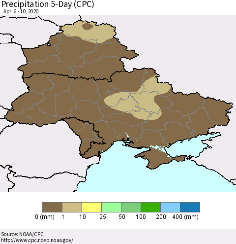 Ukraine, Moldova and Belarus Precipitation 5-Day (CPC) Thematic Map For 4/6/2020 - 4/10/2020