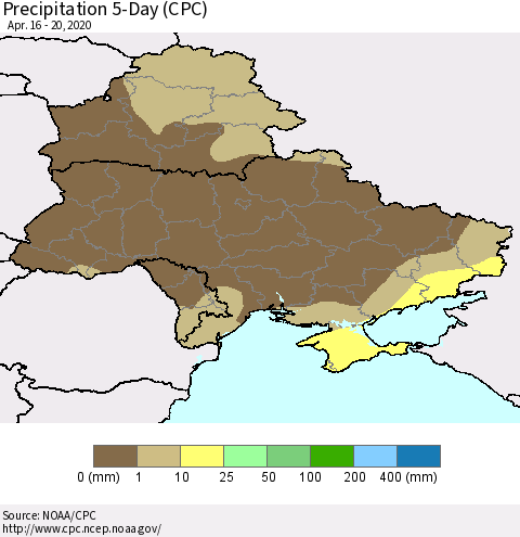 Ukraine, Moldova and Belarus Precipitation 5-Day (CPC) Thematic Map For 4/16/2020 - 4/20/2020