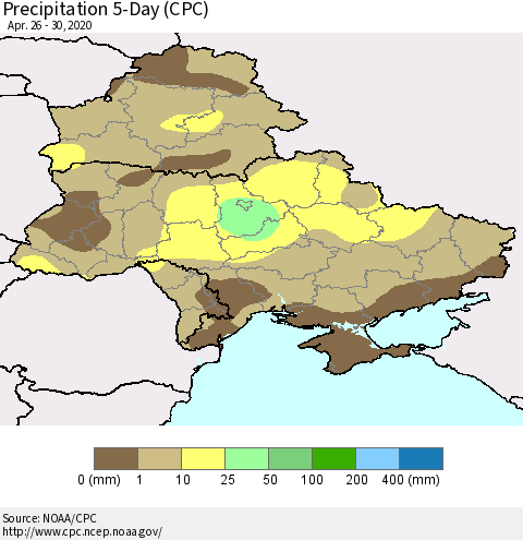 Ukraine, Moldova and Belarus Precipitation 5-Day (CPC) Thematic Map For 4/26/2020 - 4/30/2020