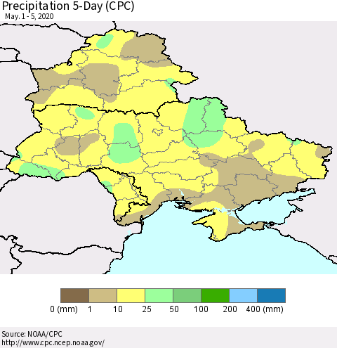 Ukraine, Moldova and Belarus Precipitation 5-Day (CPC) Thematic Map For 5/1/2020 - 5/5/2020