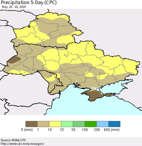 Ukraine, Moldova and Belarus Precipitation 5-Day (CPC) Thematic Map For 5/16/2020 - 5/20/2020