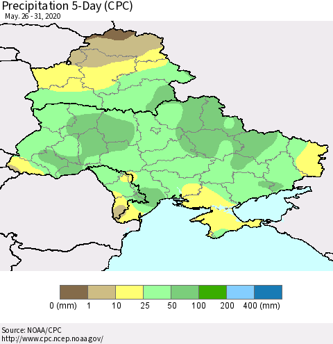 Ukraine, Moldova and Belarus Precipitation 5-Day (CPC) Thematic Map For 5/26/2020 - 5/31/2020