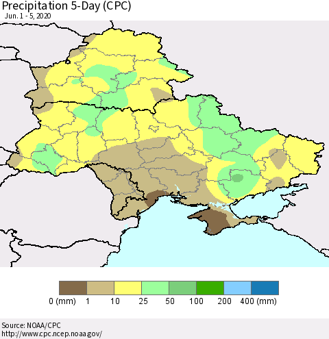 Ukraine, Moldova and Belarus Precipitation 5-Day (CPC) Thematic Map For 6/1/2020 - 6/5/2020