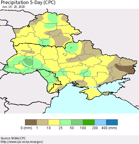 Ukraine, Moldova and Belarus Precipitation 5-Day (CPC) Thematic Map For 6/16/2020 - 6/20/2020