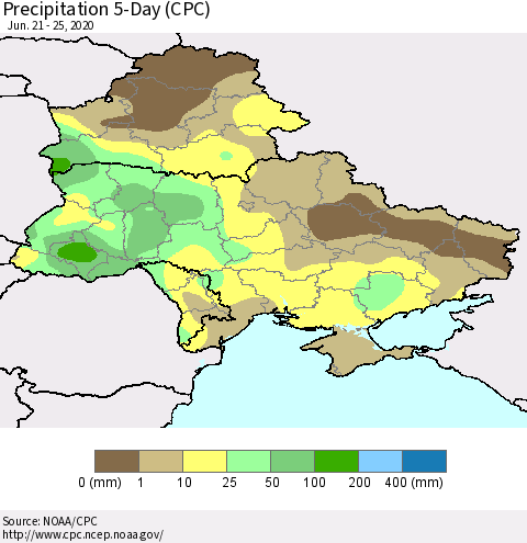 Ukraine, Moldova and Belarus Precipitation 5-Day (CPC) Thematic Map For 6/21/2020 - 6/25/2020