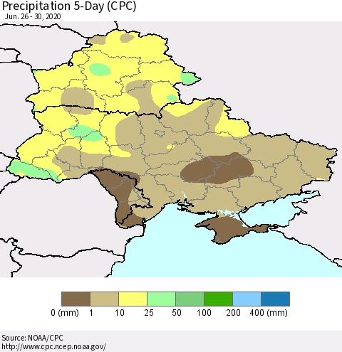 Ukraine, Moldova and Belarus Precipitation 5-Day (CPC) Thematic Map For 6/26/2020 - 6/30/2020